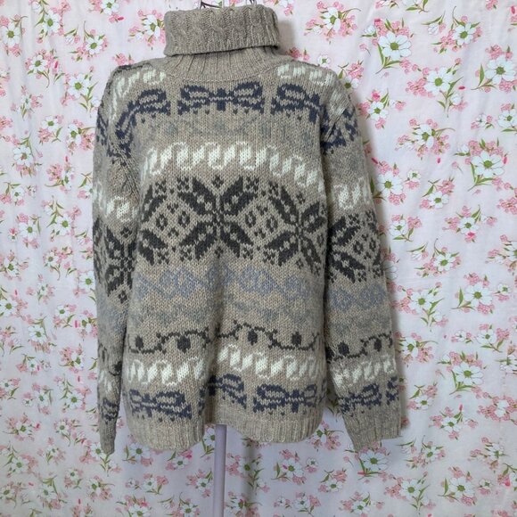 Vintage 90s sweater Talbots S-M wool tan white grey fair isle 1990s chunky turtl - Picture 1 of 8